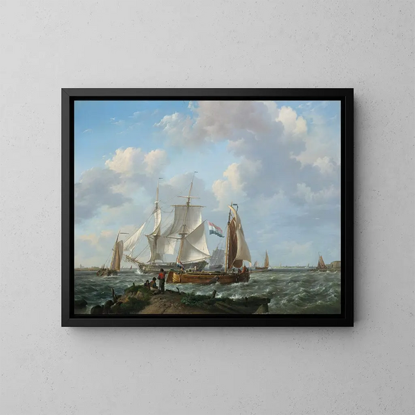 Boote in einem Sturm mit Figuren am Ufer - Johannes Hermanus Koekkoek — gerahmtes Bild an der Wand