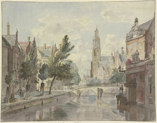 Johannes Huibert Prins - Steinbrcke ber einen Kanal im Hintergrund eine Kathedrale rechts am Haus eine Laterne.webp