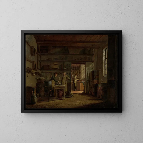 Die Apotheker-Destillerie A d'Ailly in den Stadtmauern des Zaagmolenpoort in Amsterdam - Johannes Jelgerhuis — gerahmtes Bild an der Wand