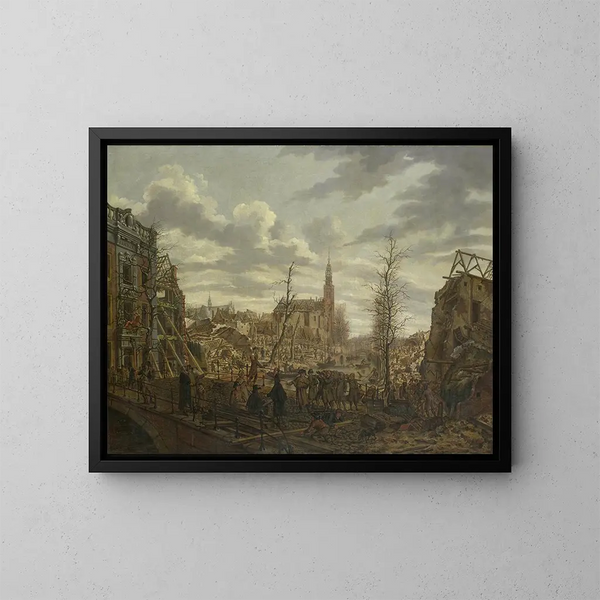 Le Rapenburg à Leyde drei Tage nach der Explosion eines Pulverbootes am 12. Januar 1807 - Johannes Jelgerhuis — gerahmtes Bild an der Wand