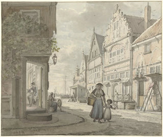 Johannes Jelgerhuis - Vrouw en een kind lopen op straat in een vissersdorp.webp
