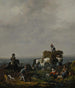 des Falkner-Gemäldes auf einem Weg mit Mähdreschern, die Heu auf einen Wagen laden, in der Nähe eines Tals bei Dämmerung - Johannes Lingelbach — Ansicht des Kunstwerks