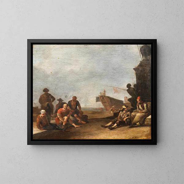 Ansicht eines südlichen Hafens mit Händlern und Gefangenen, einem Schiff und der Statue von Ferdinand I. de' Medici in Livorno - Johannes Lingelbach — gerahmtes Bild an der Wand