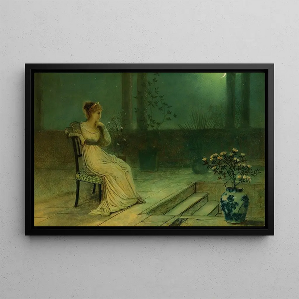 Eine junge klassische Frau, die auf einer Terrasse im Mondlicht sitzt - John Atkinson Grimshaw — gerahmtes Bild an der Wand