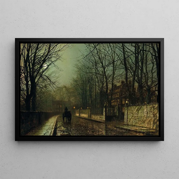 eines feuchten Mondes auf Putney Road - John Atkinson Grimshaw — gerahmtes Bild an der Wand