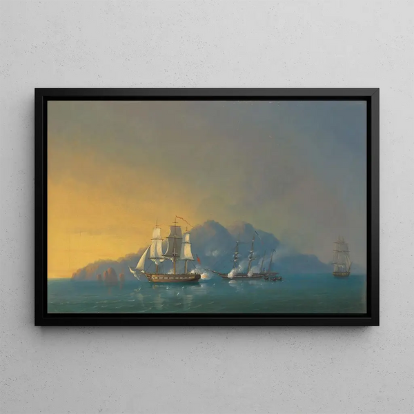John Christian Schetky - The 18gun sloop HMS Stork engaging the French brig Cygne and two armed schooners anchored off the Pearl Rock Martinique on 12 December 1808.webp