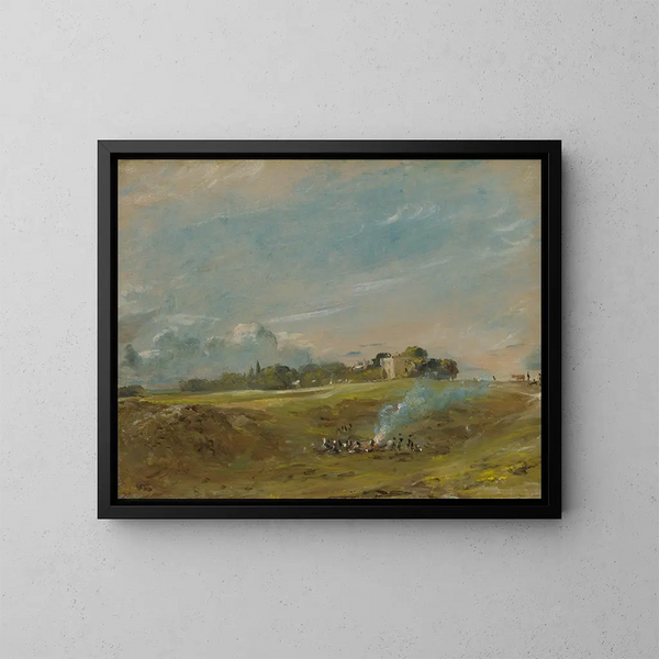 Hampstead Heath mit Lagerfeuer - John Constable — gerahmtes Bild an der Wand