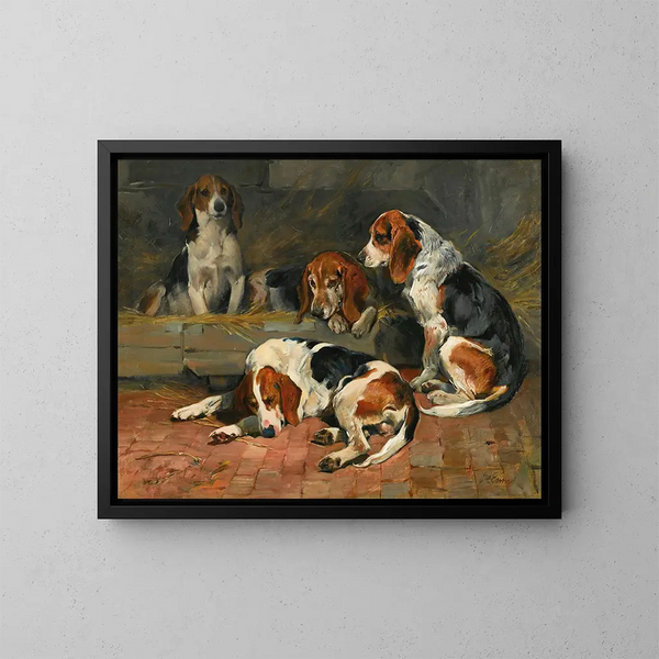 Les Beagles, pères de la meute - John Emms — gerahmtes Bild an der Wand