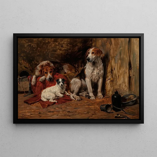 John Emms - Hounds and a Jack Russell in a stable.webp