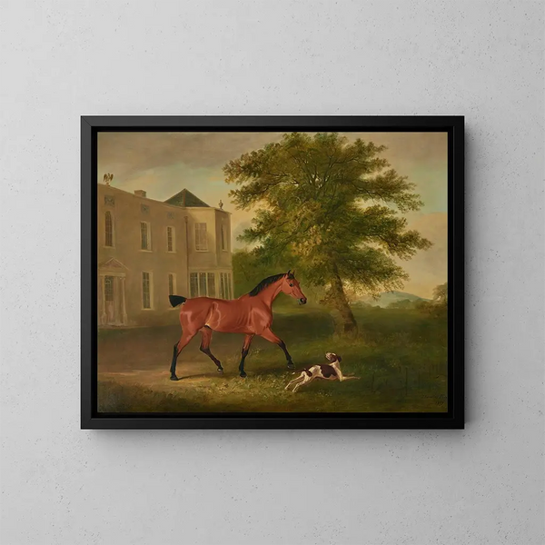 Ein roter Pferd und ein Hund vor Humewood Manor bei Wicklow - John Ferneley — gerahmtes Bild an der Wand