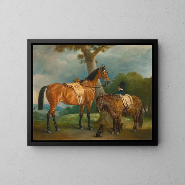 Dame Thorold, ihr Jäger und ein Shetland-Pony mit einem Stallburschen - John Ferneley — gerahmtes Bild an der Wand
