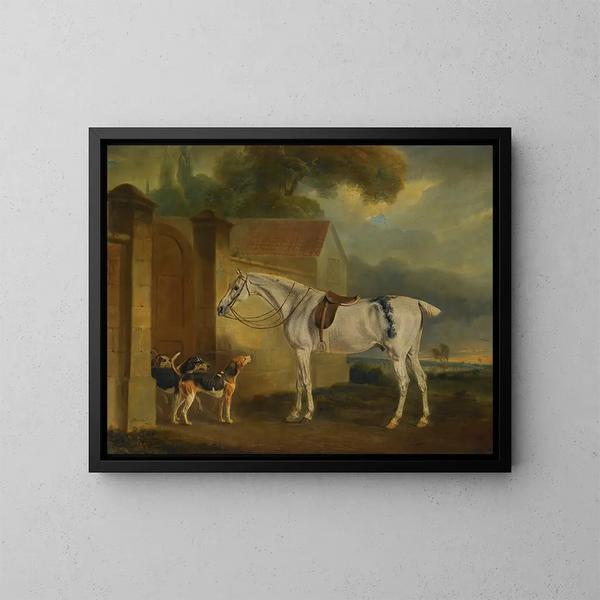 Das graue Pferd, das von Lord Lonsdale in Cottesmore mit den Hunden von Cottesmore gestochen wurde - John Ferneley — gerahmtes Bild an der Wand