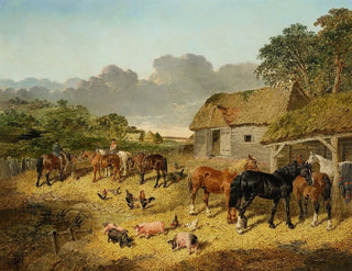 John Frederick Herring Jr - Horses Drinking from a Water Trough with Pigs and Chickens in a Farmyard.webp