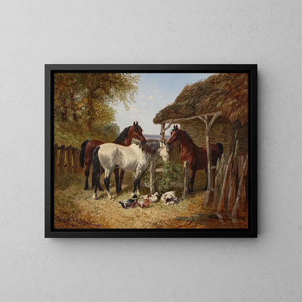 Pferde und Enten in einem Bauernhofhof - John Frederick Herring Jr. — gerahmtes Bild an der Wand