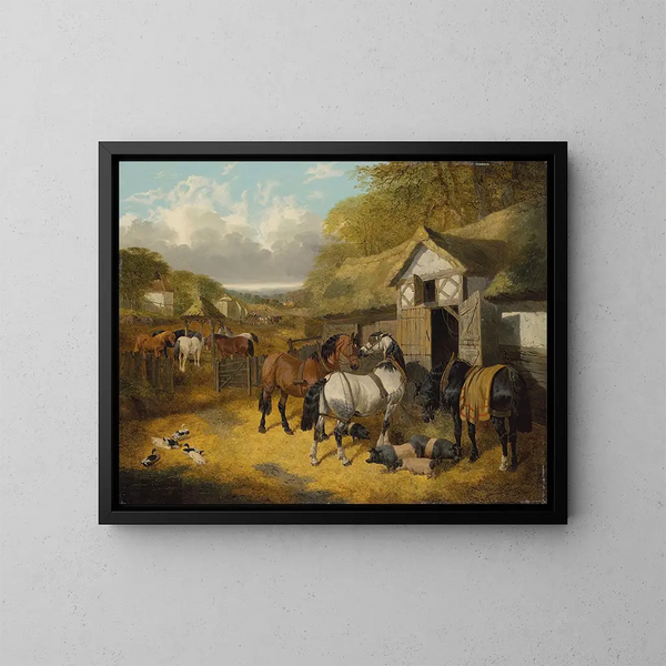 Pferde, Schweine und Enten in einem Bauernhofhof - John Frederick Herring Jr. — gerahmtes Bild an der Wand