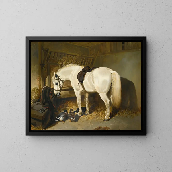 Ein graues Pony in einer Scheune mit Enten - John Frederick Herring l'Ancien — gerahmtes Bild an der Wand