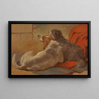 John Frederick Herring Snr - A Hound and a Bearded Collie seated on a Hunting Coat.webp