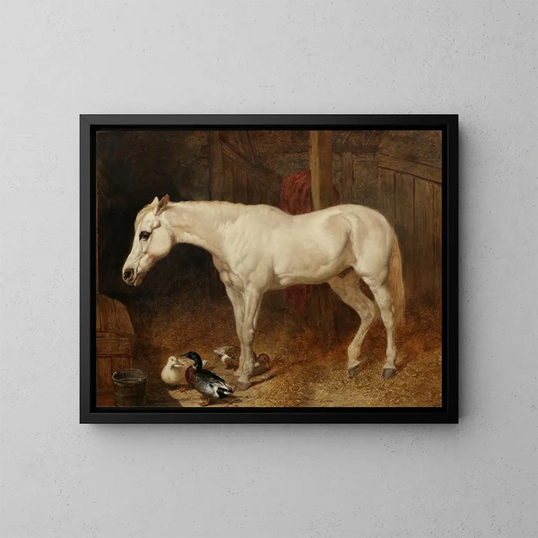 Ein graues Pferd in einer Stallung - John Frederick Herring der Ältere — gerahmtes Bild an der Wand