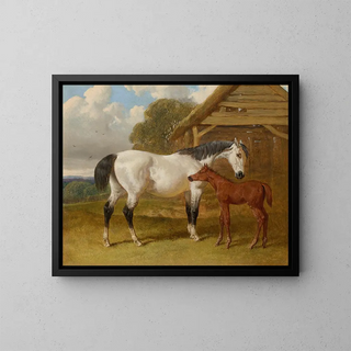 John Frederick Herring Snr - A mare and foal beside a field shelter.webp