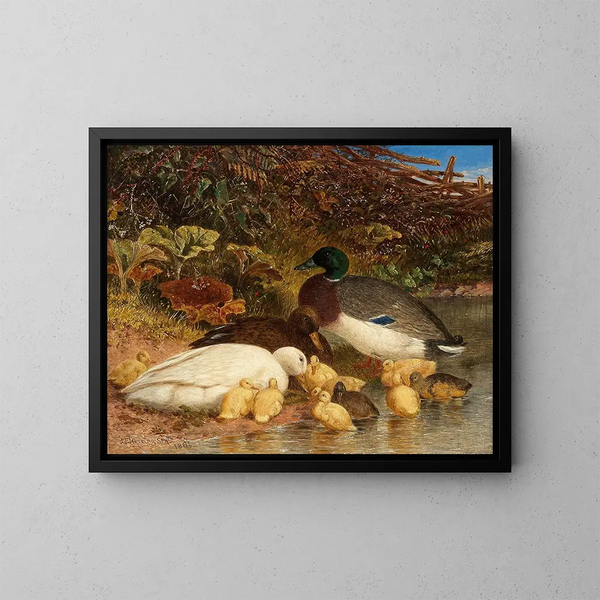 Enten und Entenküken in der Nähe eines Teiches - John Frederick Herring der Ältere — gerahmtes Bild an der Wand