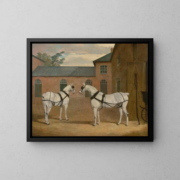 Graue Zugpferde im Hof des Autos bei Putteridge Bury, Hertfordshire - John Frederick Herring der Ältere — gerahmtes Bild an der Wand