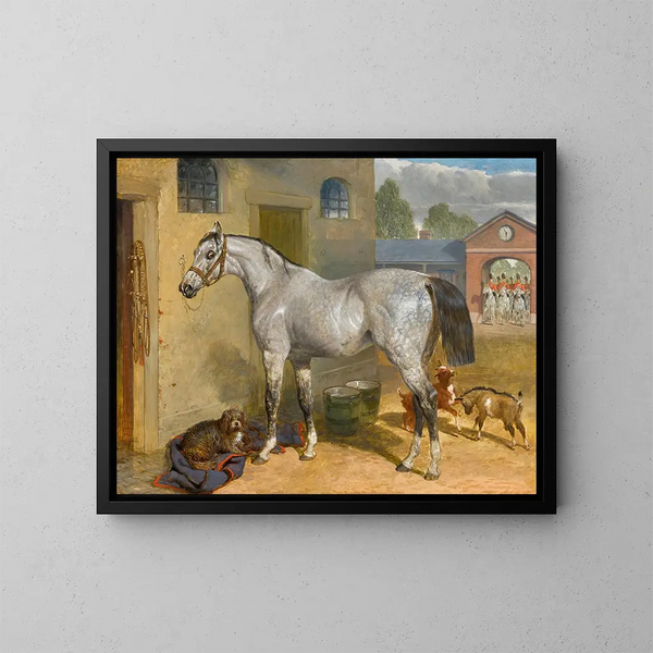 Eines der Scots Greys in einem Hof mit einem Hund und Ziegen - John Frederick Herring der Ältere — gerahmtes Bild an der Wand
