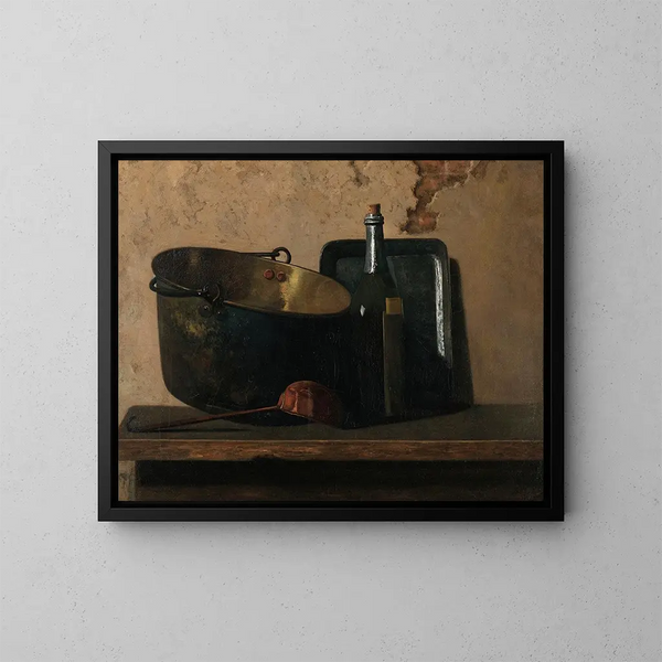 Vorbereitung der französischen Suppe mit Wein und Kupferkasserolle - John Frederick Peto — gerahmtes Bild an der Wand