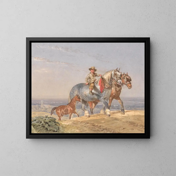 Ein Bauer, der eines der beiden Zugpferde auf einem Hügel hinaufführt - John Frederick Tayler — gerahmtes Bild an der Wand