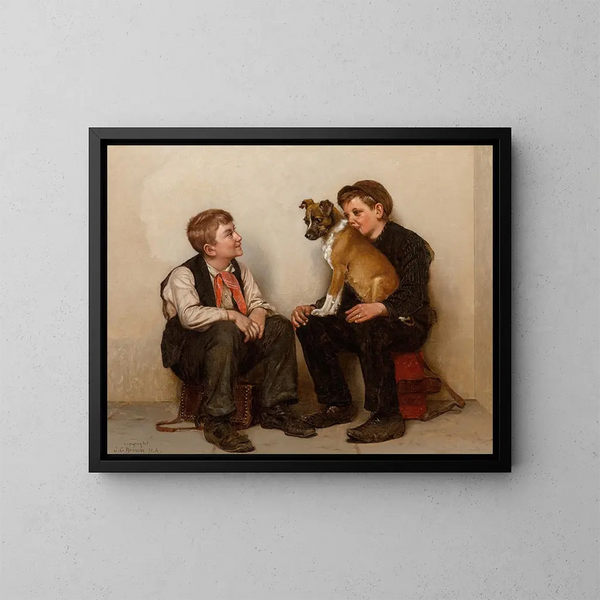 Zwei Schuhputzerjungen mit einem Hund - John George Brown — gerahmtes Bild an der Wand