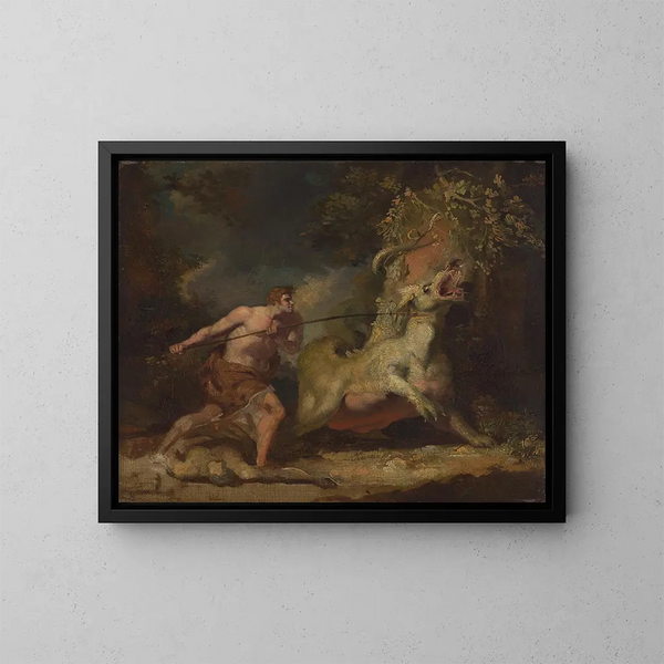 Mann, der ein Monster angreift - John Hamilton Mortimer — gerahmtes Bild an der Wand