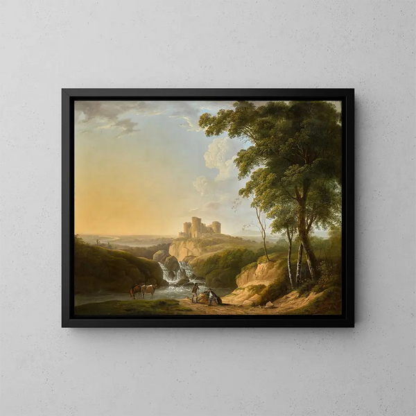 Ein weites Landschaftsgemälde mit Blick auf das Schloss von Chepstow auf einem Hügel in der Ferne - John Inigo Richards — gerahmtes Bild an der Wand
