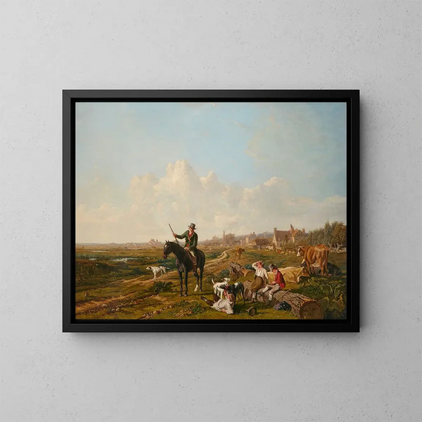 Ein Wildhüter auf Pferd befragt die Viehzüchter zu ihrer Anwesenheit mit einem Jagdhund. - John James Chalon — gerahmtes Bild an der Wand