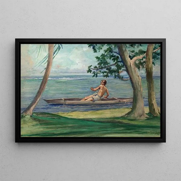 Junge im Kanu, das an unserem Haus Vaiala Samoa vorbeifährt - John La Farge — gerahmtes Bild an der Wand