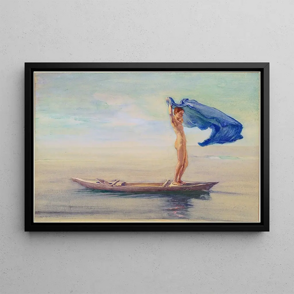 Mädchen am Bug eines Kanus, das ihren Lendenschurz als Segel entfaltet, Samoa - John La Farge — gerahmtes Bild an der Wand