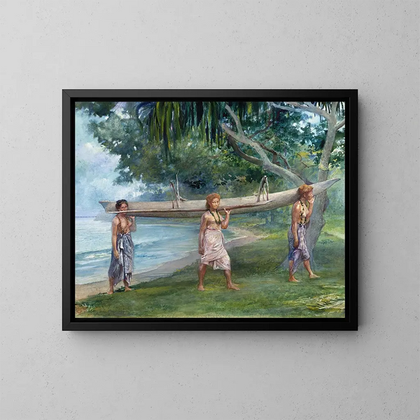 Mädchen, die ein Kanu in Vaiala, Samoa tragen - John La Farge — gerahmtes Bild an der Wand