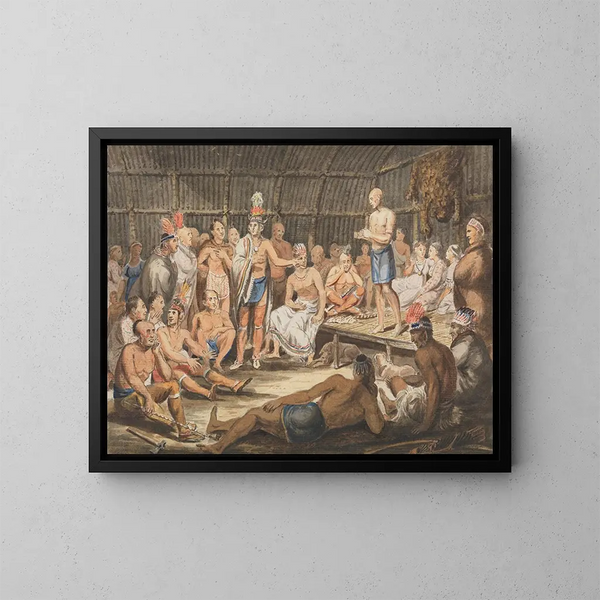Ausstellung der indianischen Zeremonien im Olympischen Theater in Philadelphia - John Lewis Krimmel — gerahmtes Bild an der Wand