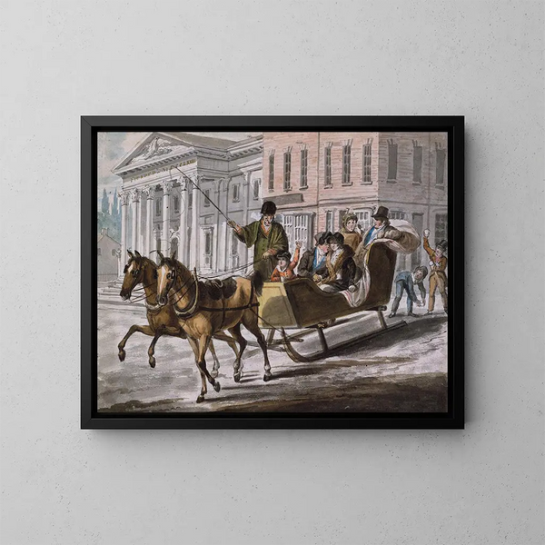 Winterlandschaft in Philadelphia, die Bank der Vereinigten Staaten im Hintergrund - John Lewis Krimmel — gerahmtes Bild an der Wand