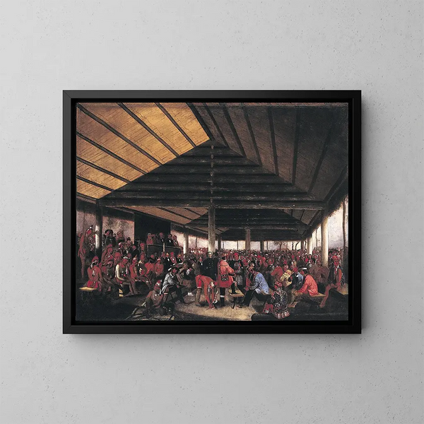 Internationaler Indianerrat auf Tallequah, Indianerterritorium, im Jahr 1843 - John Mix Stanley — gerahmtes Bild an der Wand
