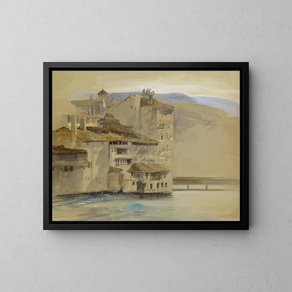 Alte Häuser auf der Insel des Rhone in Genf - John Ruskin — gerahmtes Bild an der Wand