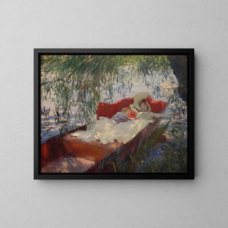 Dame und Kind schlafend in einem Boot unter den Weiden - John Singer Sargent — gerahmtes Bild an der Wand