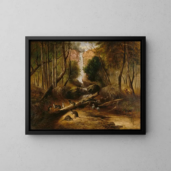 Landschaftsgemälde Busch mit Wasserfall und einem Aborigine, der einheimische Tiere in New South Wales jagt - John Skinner Prout — gerahmtes Bild an der Wand