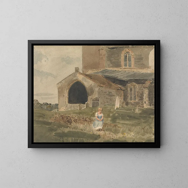 Junge Frau sitzend auf einer Ufer vor einer Kirche - John Thirtle — gerahmtes Bild an der Wand