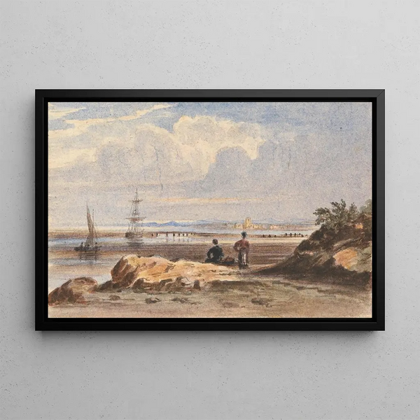 Rivage avec deux figures et une ville lointaine - John Varley — gerahmtes Bild an der Wand