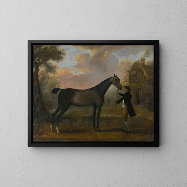 Ein Pferd und sein Stallbursche in einer Landschaft - John Wootton — gerahmtes Bild an der Wand