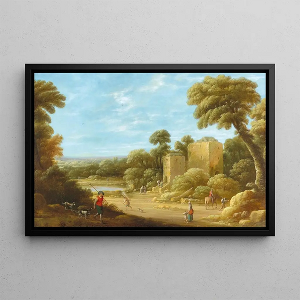 eines Landschaftsgemäldes mit Figuren vor einer Ruine - Joost Cornelisz Droochsloot — gerahmtes Bild an der Wand