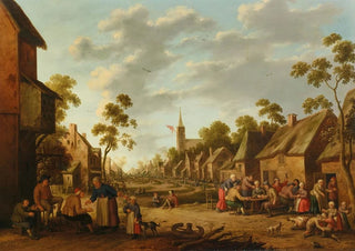 Joost Cornelisz Droochsloot - A village kermesse with people eating and drinking outside and children fighting on the ground.webp