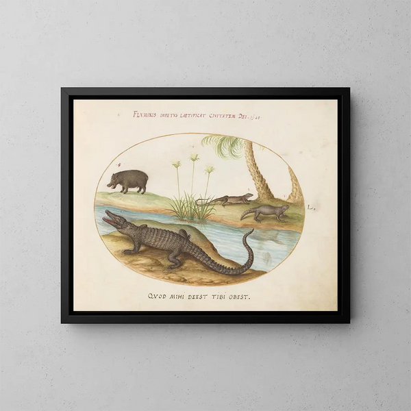 Ein Krokodil, ein Flusspferd, ein Landkrokodil oder ein Tegu-Eidechse und ein Krokodil oder eine Eidechse mit stacheligem Schwanz mit einer Papyrus-Pflanze - Joris Hoefnagel — gerahmtes Bild an der Wand