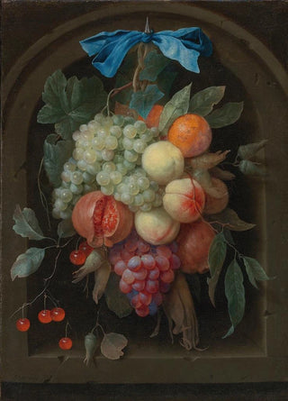 Joris van Son - Still Life Of Grapes Peaches A Pomegranate And Other Fruit Hanging From A Nail Before A Stone Niche.webp
