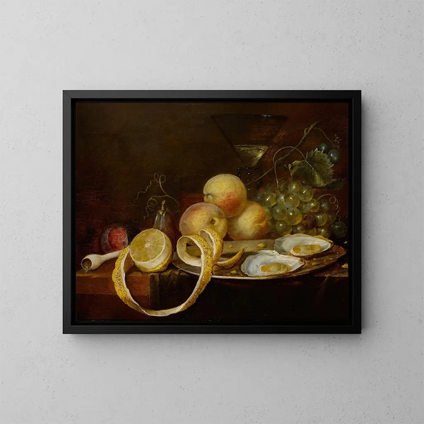 Naturstillleben auf einem Tisch mit zwei Austern auf einer Zinnplatte, einem Weinglas, einer halb geschälten Zitrone und einer Auswahl an Früchten - Joris van Son — gerahmtes Bild an der Wand