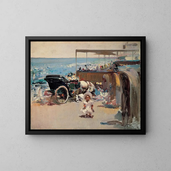 Kutschenwagen zu Pferd und Kind am Strand - José Navarro y Llorens — gerahmtes Bild an der Wand